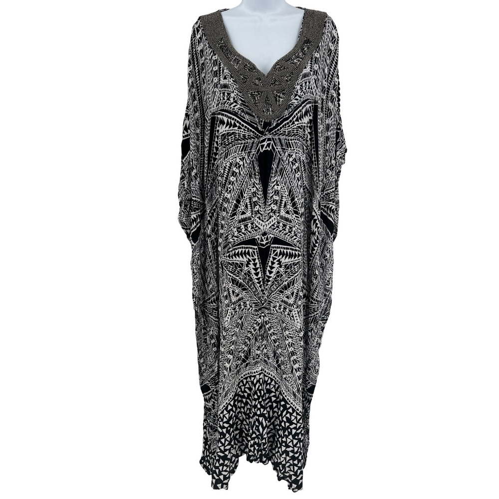 Swimsuits For All Kaftan Long Black & White Beaded Neck Rayon Flowing